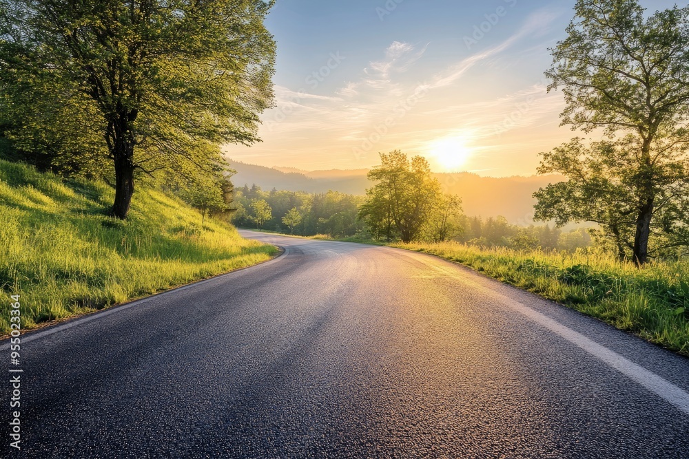 Serene Asphalt Road at Sunrise , ai Serene Asphalt Road at Sunrise , ai