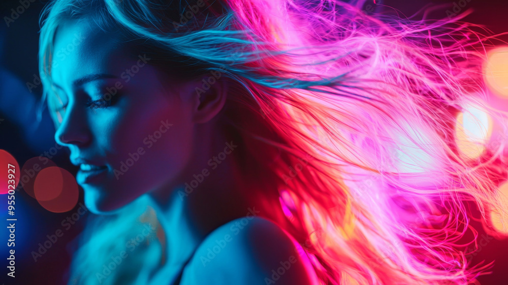 A woman with long pink hair is standing in front of a bright pink background