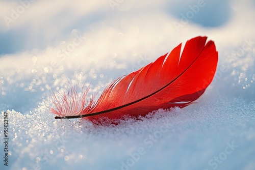 A close-up of a vibrant red feather lying on a bed of snow, creating a stark contrast between the colors. photo