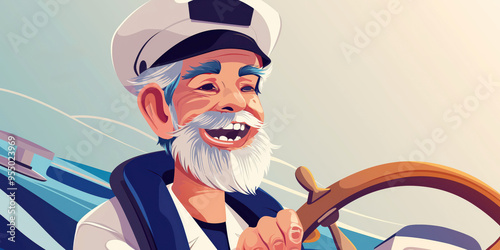 Smiling sailor steering yacht at sea - cartoon illustration photo