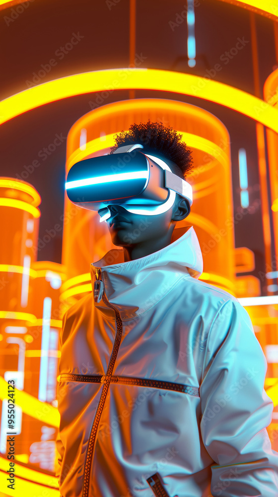 A 3D man wearing VR glasses stands in abstract cityscape maze with orange and golden neon lights for futuristic sci-fi technology cool metal cyberpunk poster A 3D man wearing VR glasses stands in abstract cityscape maze with orange and golden neon lights for futuristic sci-fi technology cool metal cyberpunk poster