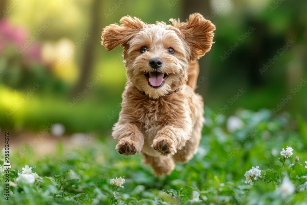 A Happy Dog Leaping Through a Garden of White Flowers