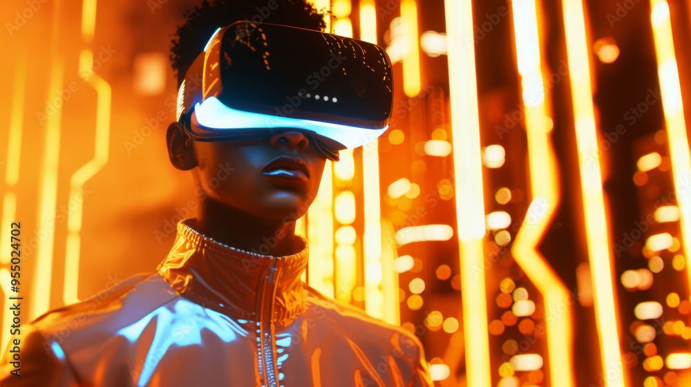 A 3D man wearing VR glasses stands in abstract cityscape maze with orange and golden neon lights for futuristic sci-fi technology cool metal cyberpunk background A 3D man wearing VR glasses stands in abstract cityscape maze with orange and golden neon lights for futuristic sci-fi technology cool metal cyberpunk background