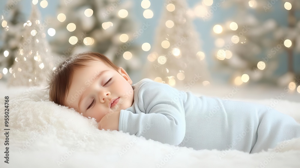 A baby bodysuit lying on a bed of soft snow with a backdrop of Christmas trees and twinkling lights, creating a magical winter wonderland scene A baby bodysuit lying on a bed of soft snow with a backdrop of Christmas trees and twinkling lights, creating a magical winter wonderland scene