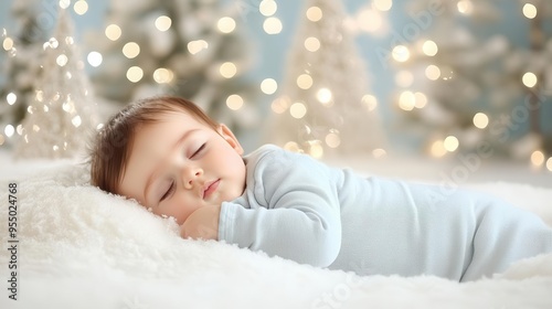 A baby bodysuit lying on a bed of soft snow with a backdrop of Christmas trees and twinkling lights, creating a magical winter wonderland scene photo