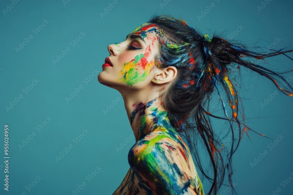 Naklejka premium Profile of woman with vibrant paint splashes