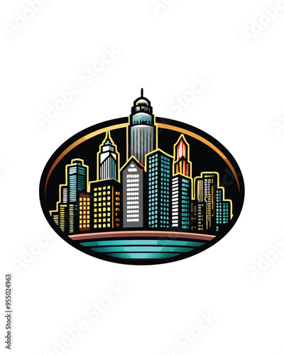 Editable stroke vector illustration of a cityscape with five tall skyscrapers.