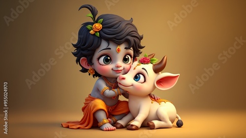 Cute baby Krishna with a sacred cow. Hindu god Lord Krishna with calf. Krishna Janmashtami