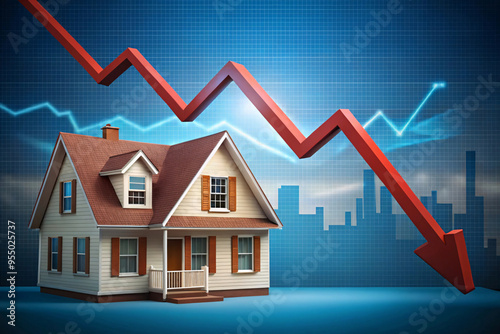 A house with a similar downward arrow against a city skyline, indicating a decline in property value or market conditions, with a grid and data visualization