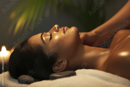 Person receiving massage with stones on neck near candle