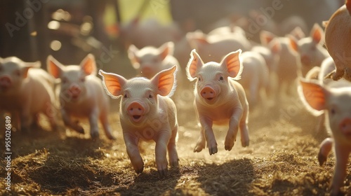 Playful Piglets Running in a Farmyard