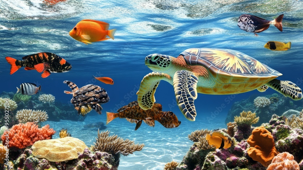 Fototapeta premium An underwater scene featuring a turtle and various colorful fish among coral reefs.