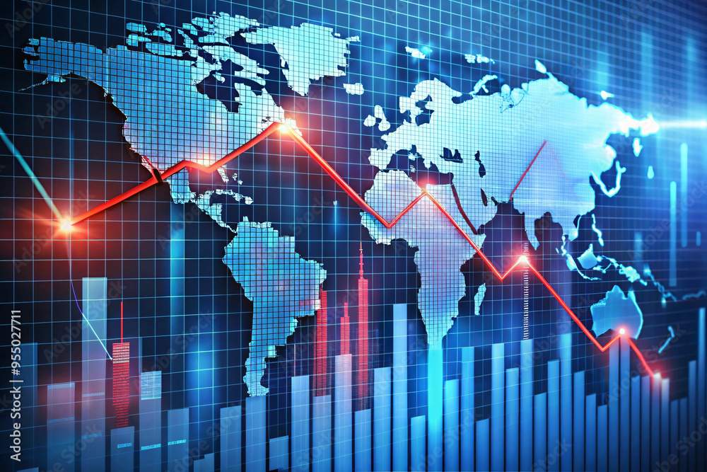 A world map with a red descending line, signaling a steady decline in global financial markets across different regions A world map with a red descending line, signaling a steady decline in global financial markets across different regions
