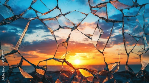 Sunset sky seen through fractured glass, with jagged edges creating a striking and textured visual photo