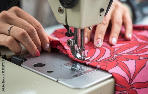 A close-up view person hand using a sewing machine with its needle threading a piece of fabric. The fabric
