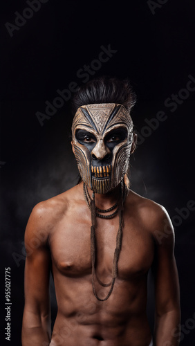 tribal mask man scary fear naked standing