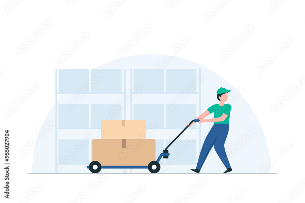 Worker Moving Goods with Electric Pallet Jack.