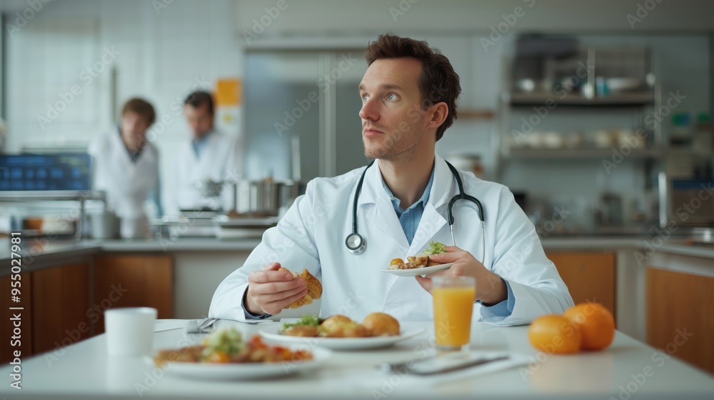 Dedicated Doctor Enjoying a Nutritious Lunch Break in Hospital Cafeteria Dedicated Doctor Enjoying a Nutritious Lunch Break in Hospital Cafeteria