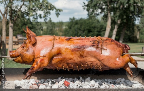 a whole pig being roasted on a spit, being cooked over the glowing coals