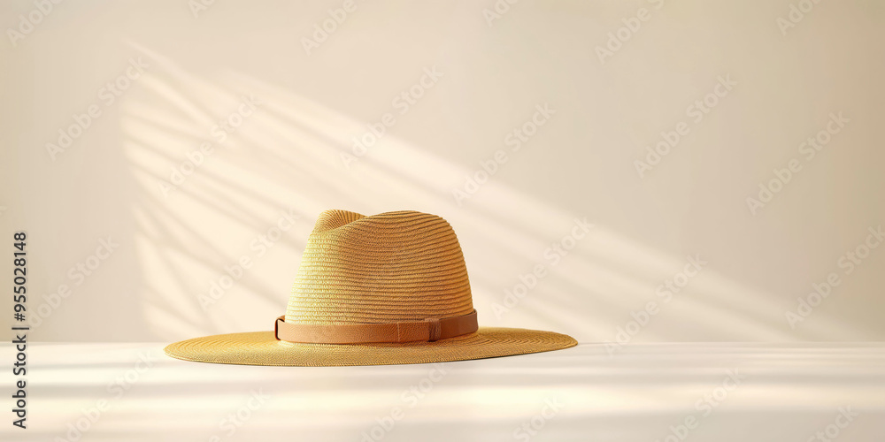 Elegant straw hat on minimalist surface with soft shadow play in neutral tones Elegant straw hat on minimalist surface with soft shadow play in neutral tones