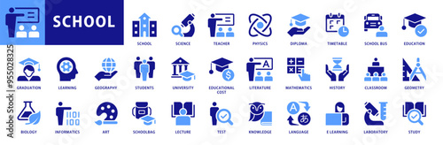 School icon set. Including classroom, students and teacher, School Bus, Study, E Learning, Diploma icons and more. For Education and knowledge Designs. Dual Color Flat Style icons vector collection