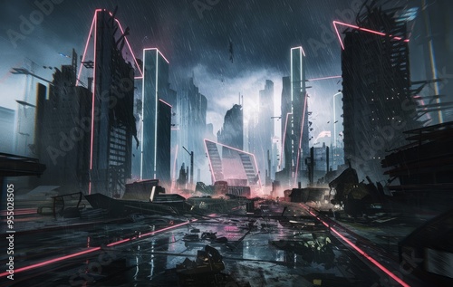 Futuristic warzone, neon-lit urban battlefield, towering skyscrapers in ruins, raining, intense atmosphere