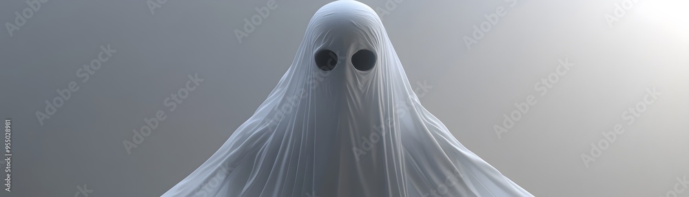 Spooky ghost with dark eye holes covered in white, transparent fabric, hovering in a misty, grey atmosphere. Perfect for Halloween themes. Spooky ghost with dark eye holes covered in white, transparent fabric, hovering in a misty, grey atmosphere. Perfect for Halloween themes.