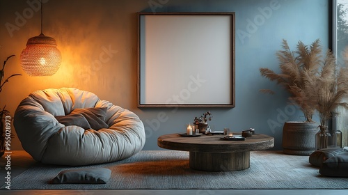 A cozy living room with a plush armchair, a rustic coffee table, and a blank wall frame as the focal point, with soft lighting creating a warm, inviting atmosphere