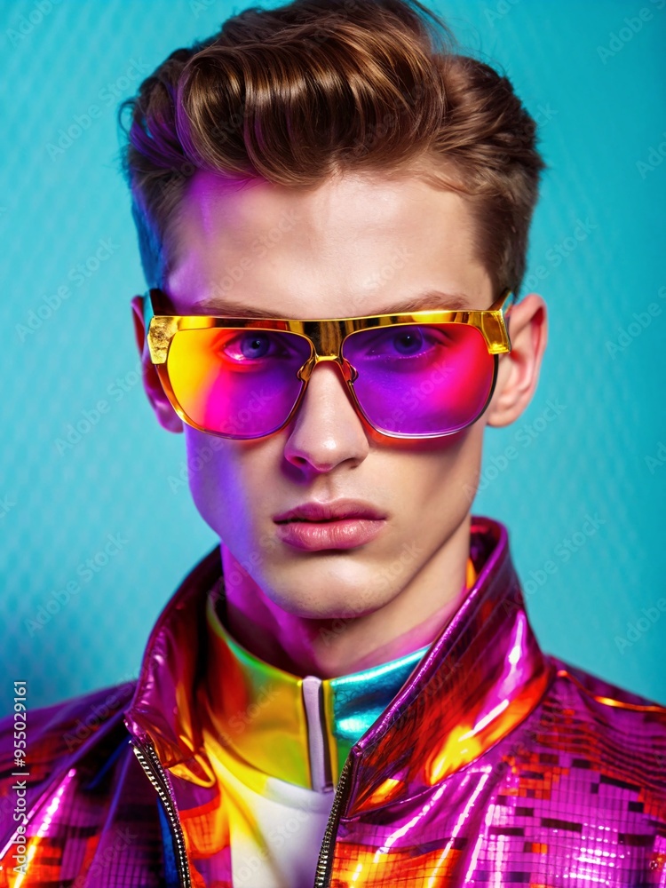 Stylish Man in Iridescent Jacket and Futuristic Sunglasses. A fashionable young man with a modern hairstyle wearing a vibrant iridescent leather jacket and eye-catching, colorful mirrored sunglasses. Stylish Man in Iridescent Jacket and Futuristic Sunglasses. A fashionable young man with a modern hairstyle wearing a vibrant iridescent leather jacket and eye-catching, colorful mirrored sunglasses.