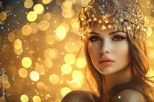 Woman with ornate gold crown and bokeh background.