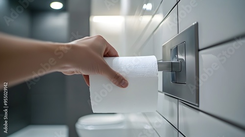 Hand Tugging on Toilet Paper Roll in Clean,Textured Restroom with Modern Dispenser