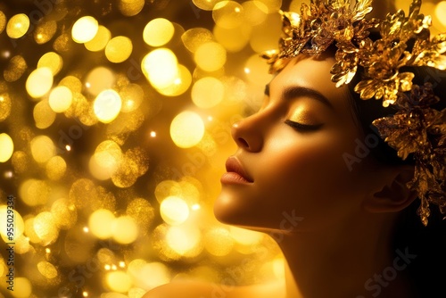 Elegant woman with ornate golden crown and bokeh lights