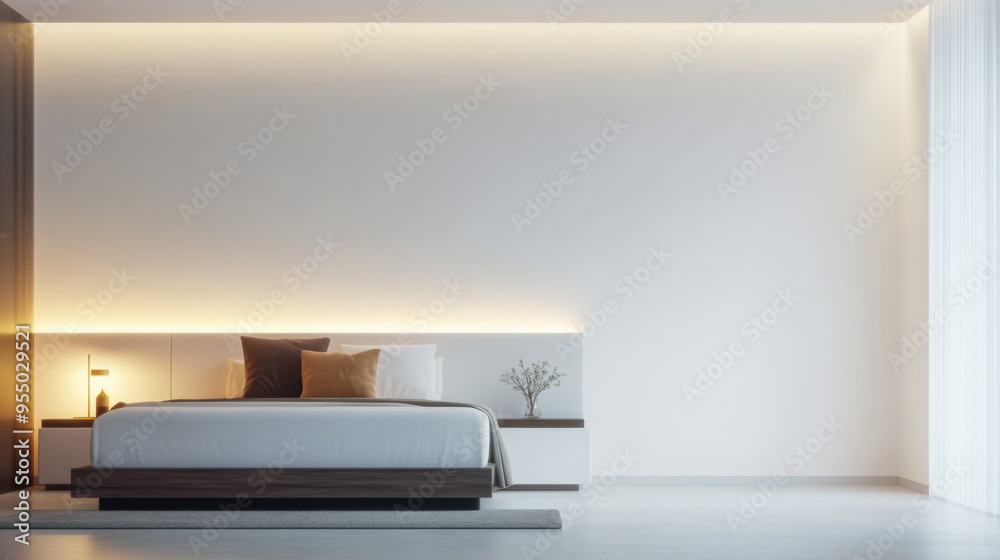 Modern bedroom interiors with a stylish bed, a large window and warm led lighting Modern bedroom interiors with a stylish bed, a large window and warm led lighting