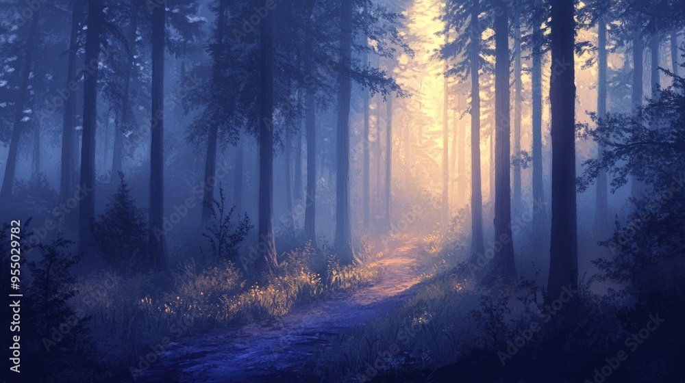 Obraz premium A misty forest path leading to a sunlit clearing.