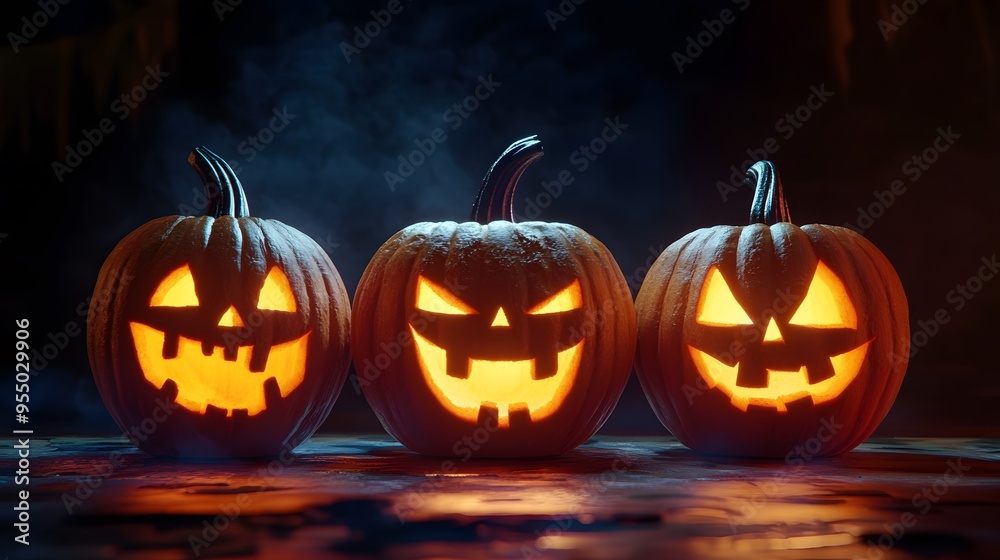 Three illuminated jack-o'-lanterns with carved faces glowing in the dark, creating a spooky Halloween atmosphere. Three illuminated jack-o'-lanterns with carved faces glowing in the dark, creating a spooky Halloween atmosphere.
