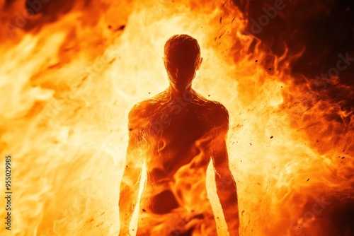 Human silhouette enshrouded in surrounding fiery flames photo