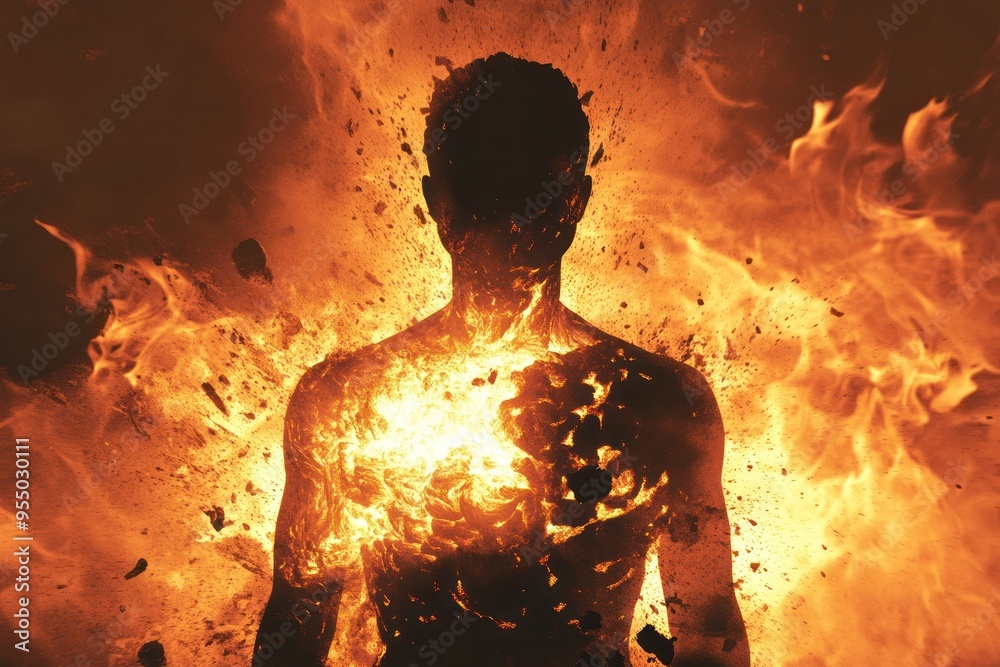 Silhouette of a figure on fire with fiery explosion. Silhouette of a figure on fire with fiery explosion.
