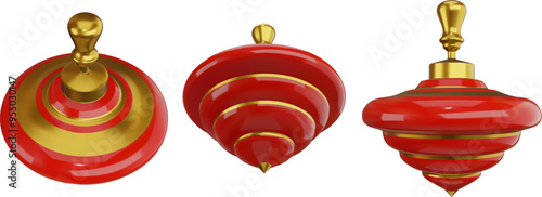 isolated 3d spinning top. red and gold spinning top. christmas toy decoration