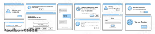 Set of window error pop up in blue color old style. Chat bot application. Warning notification on screen.