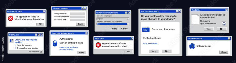 Old error notifications. Change password retro window. System recovery options on screen. Old error notifications. Change password retro window. System recovery options on screen.