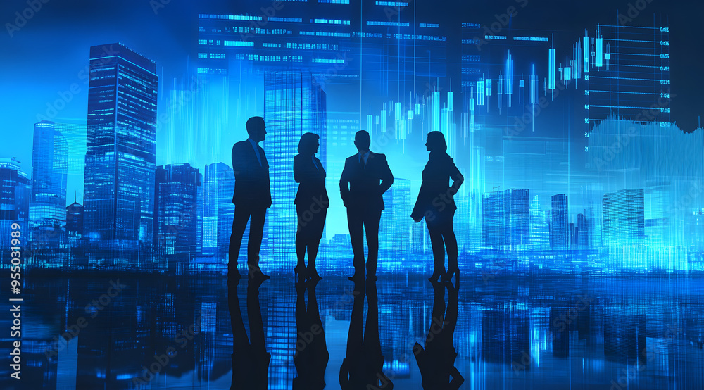“Silhouette of Business People Standing with a Financial Graph in the Background, Representing Corporate Success and Financial Growth, Ideal for Business Presentations and Economic Themes with a Focus “Silhouette of Business People Standing with a Financial Graph in the Background, Representing Corporate Success and Financial Growth, Ideal for Business Presentations and Economic Themes with a Focus