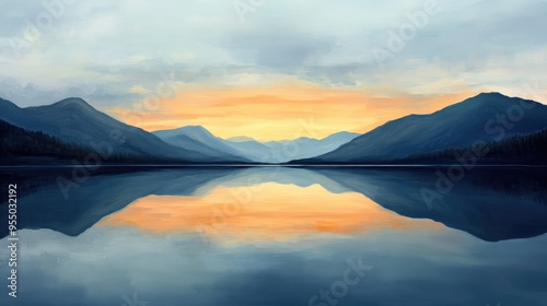 Tranquil lake at sunset, reflecting distant mountains and a sky filled with gentle shades of orange and blue