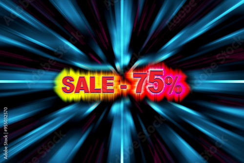 Discount seventy-five percent with the rainbow glow on the background of the linear blur photo