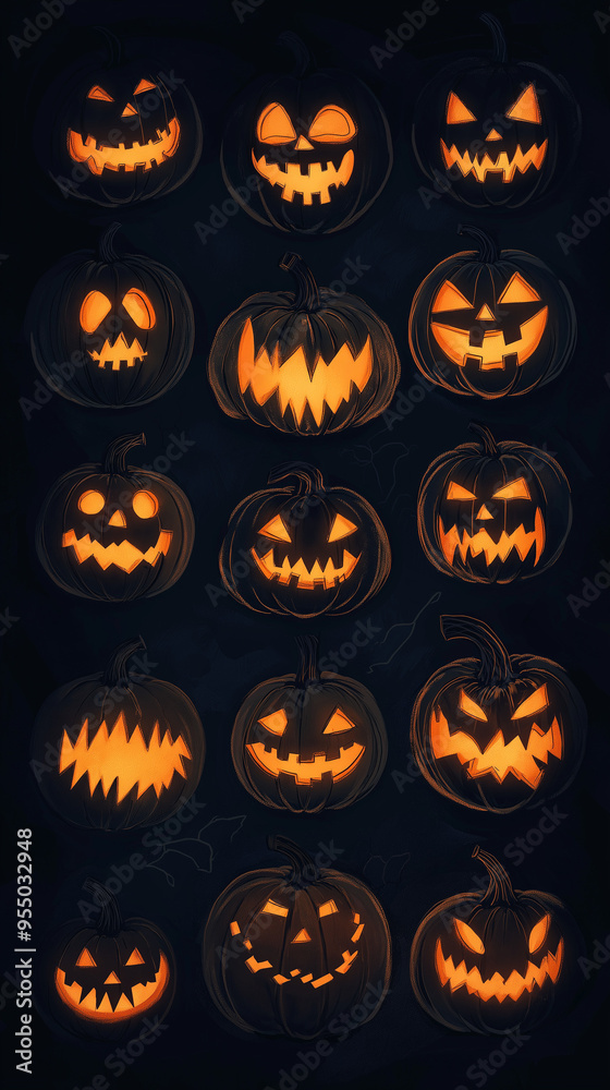 Generative AI illustration of illuminated carved pumpkins with different evil faces in darkness at Halloween night Generative AI illustration of illuminated carved pumpkins with different evil faces in darkness at Halloween night