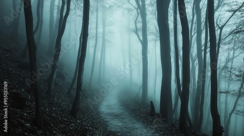 A misty forest path with tall trees on either side.