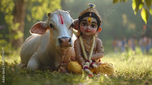 This cute little Krishna is with the revered cow, a devotional event celebrated by Indian religions such as Hinduism, Govardhan Puja, and Vasubaras. It is the Hindu festival of Krishna Janmashtami. photo