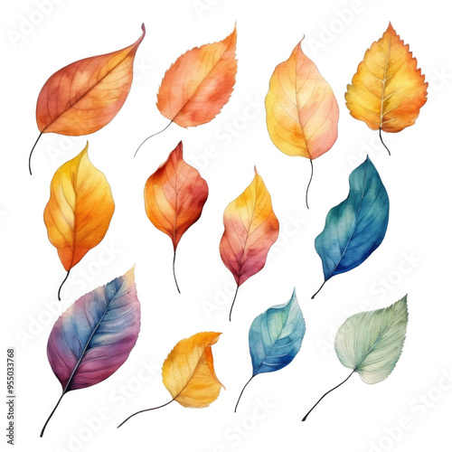 Watercolor Painting of Colorful Autumn Leaves