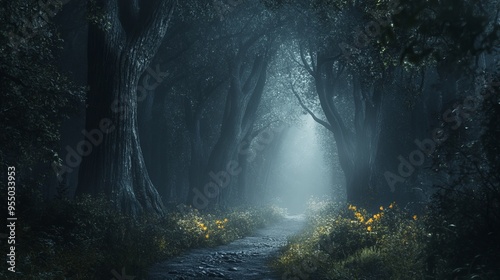 A misty path through a dark forest, with a ray of light shining through the trees.