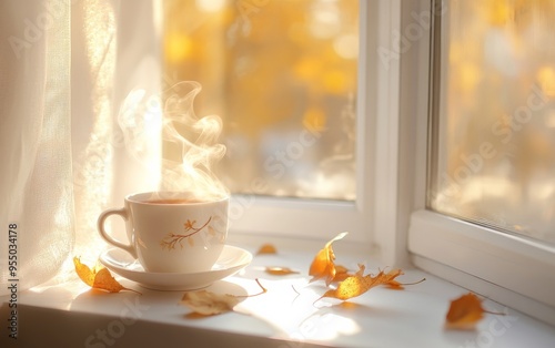 a steaming cup of herbal tea on a white windowsill with a few autumn leaves scattered around