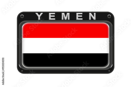 The flag of Yemen in the frame with rivets on white background